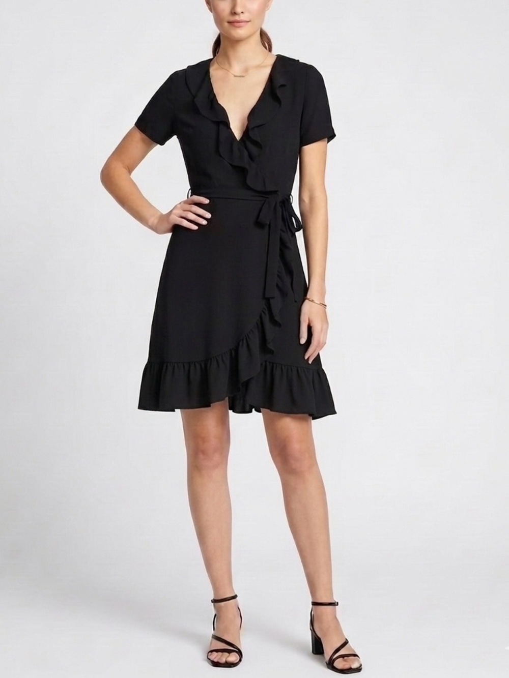 TIANA B. Women’s Black Wrap Dress with Ruffles and Tie Size Medium